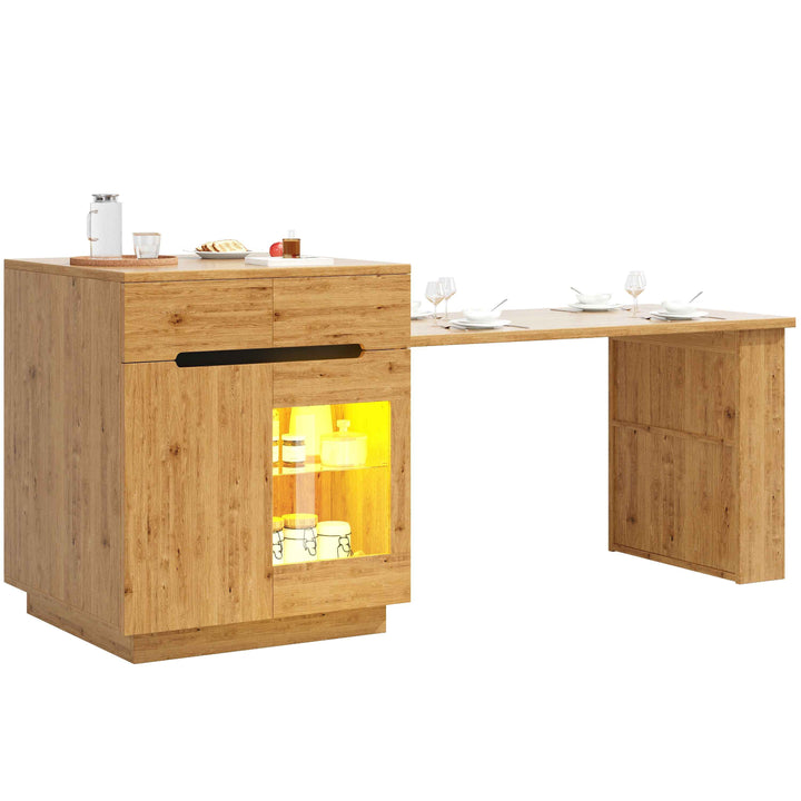 Kitchen island with extendable table, oak effect, LED glass door, 2 drawers INFINITECASC