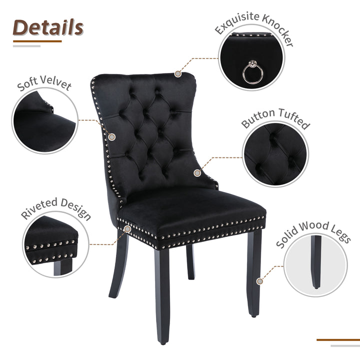 Set of 4 dining chairs velvet black tufted with solid wood legs, nailheads and back chrome ring BREEZEOLOGY