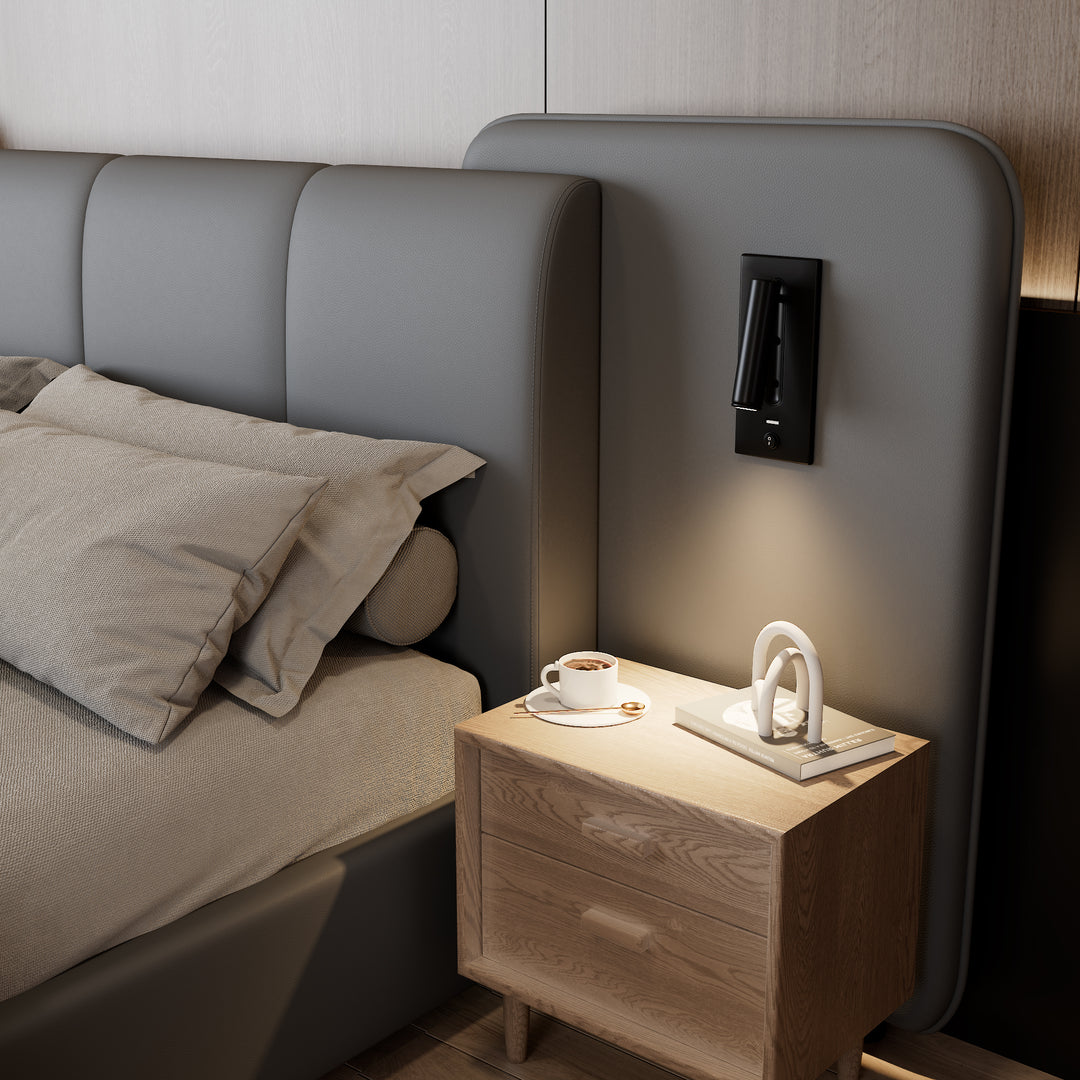 Grey PU upholstered double bed with charging port, 2 bedside lamps 135×190cm PASTUREBEARD