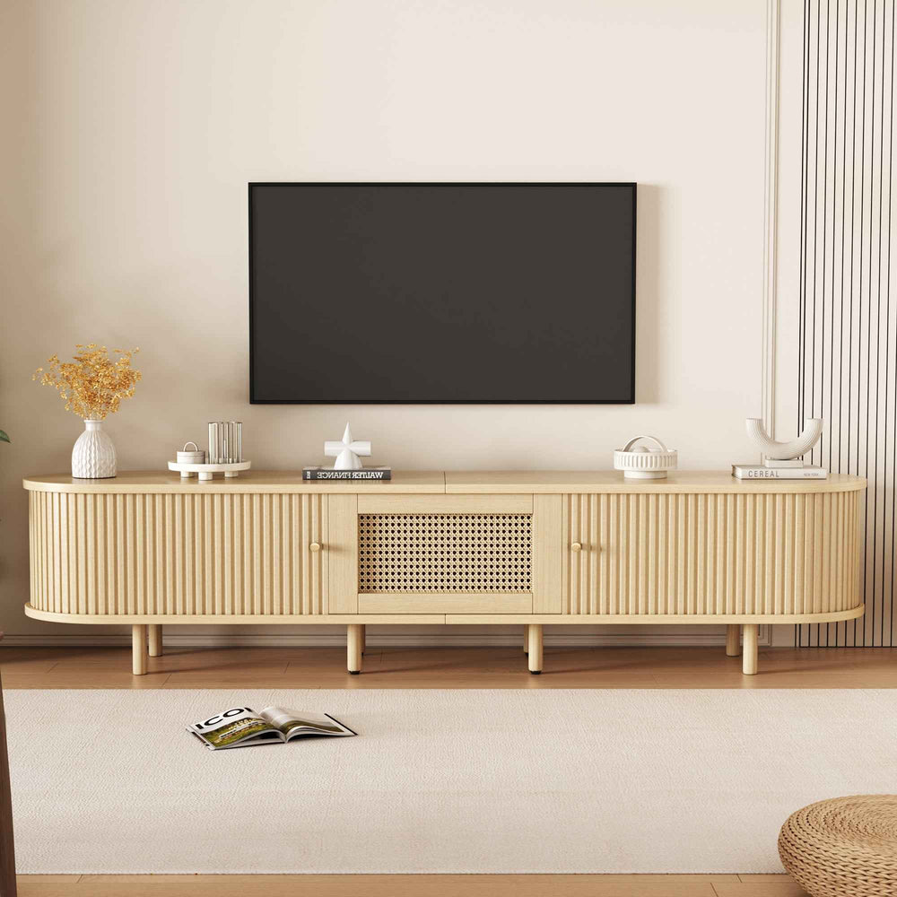 TV stand light wood 1 rattan drawer & 2 sliding doors, rounded corners 180cm