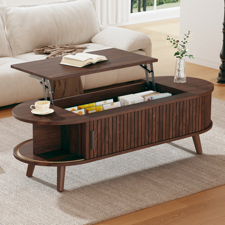 Lift Top Dark Wood Oval Coffee Table with Hidden Storage 120x50cm VASEEDGE