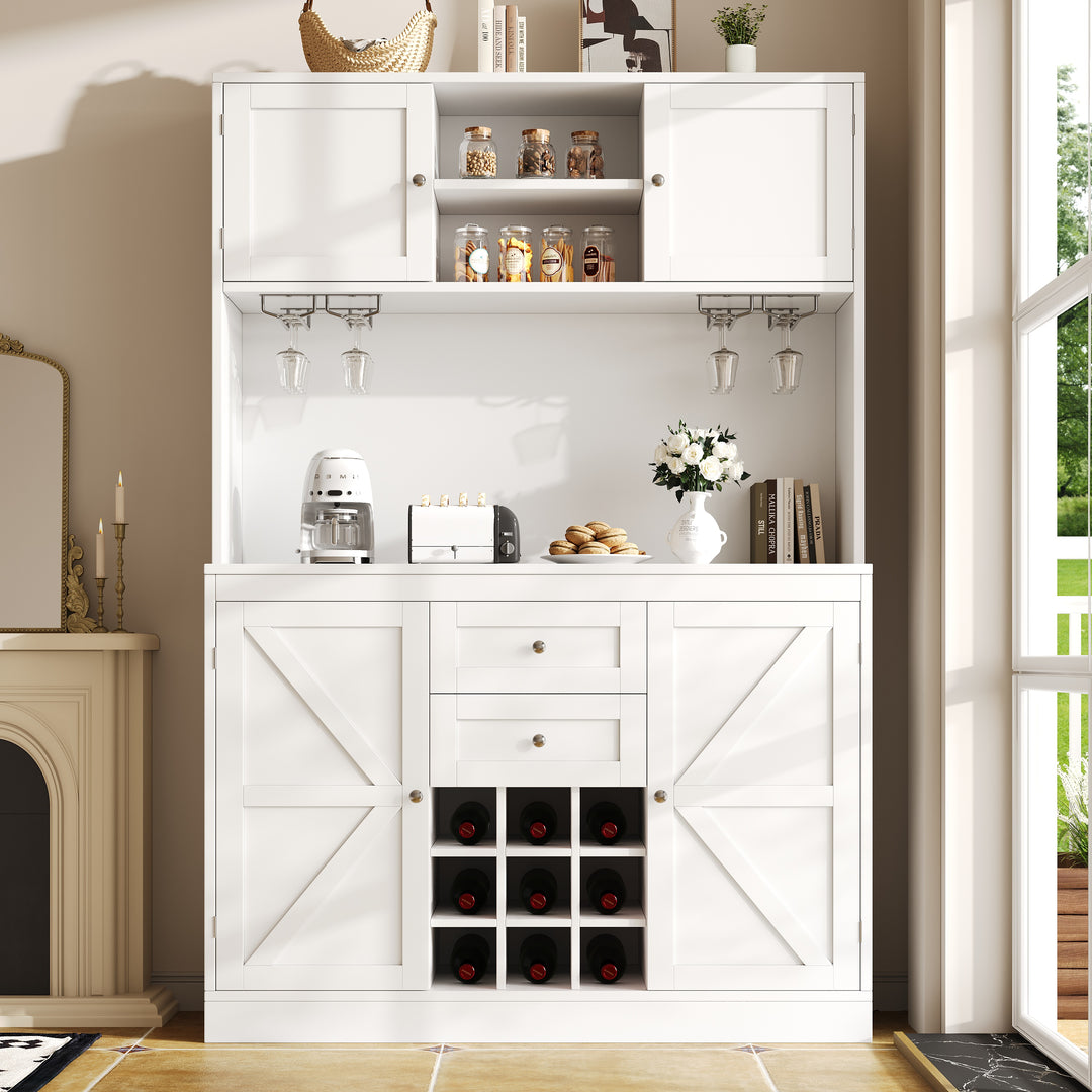 White tall farmhouse kitchen hutch cabinet with wine rack and glass holders VIGOURUS