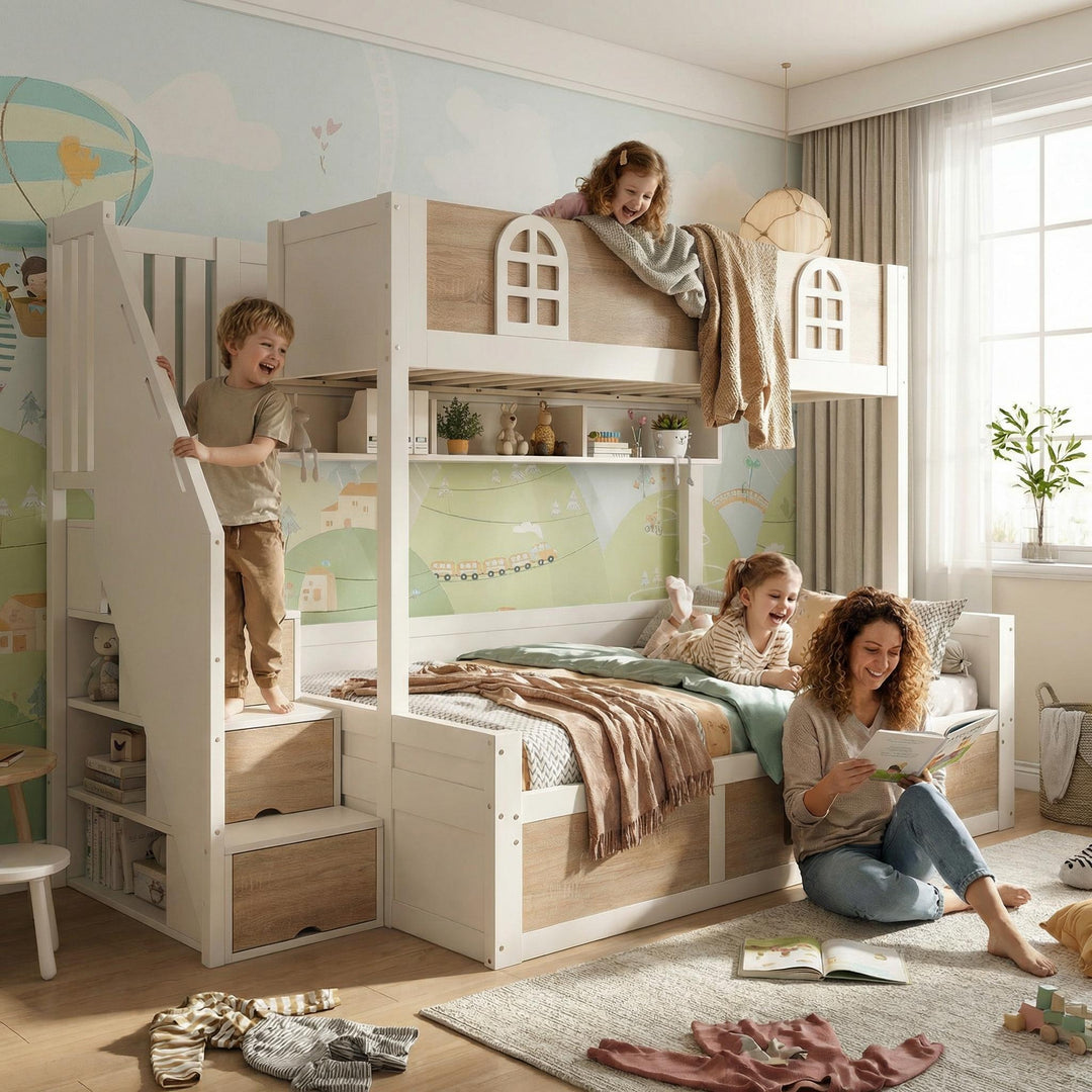 White wooden bunk beds with staircase and storage 90x190cm +135x190cm FOCUSIAL