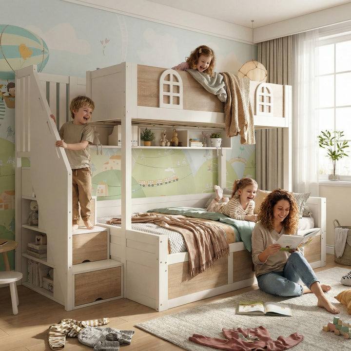 White wooden bunk beds with staircase and storage 90x190cm +135x190cm FOCUSIAL