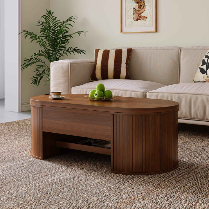 00+Lift-Top Coffee Table with Curved Wooden Sides for Living Room, Walnut CONCRETEORGANIZER