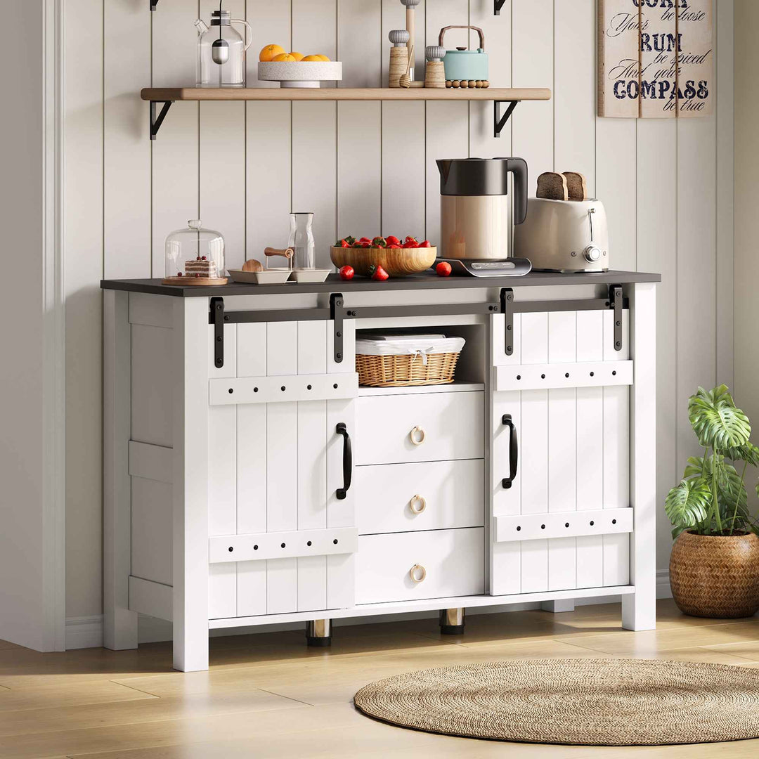 00+Sideboard Cabinet 120cm White with Sliding Doors & 3 Drawers, Rustic Storage Buffet for Kitchen VERTEXLYNX