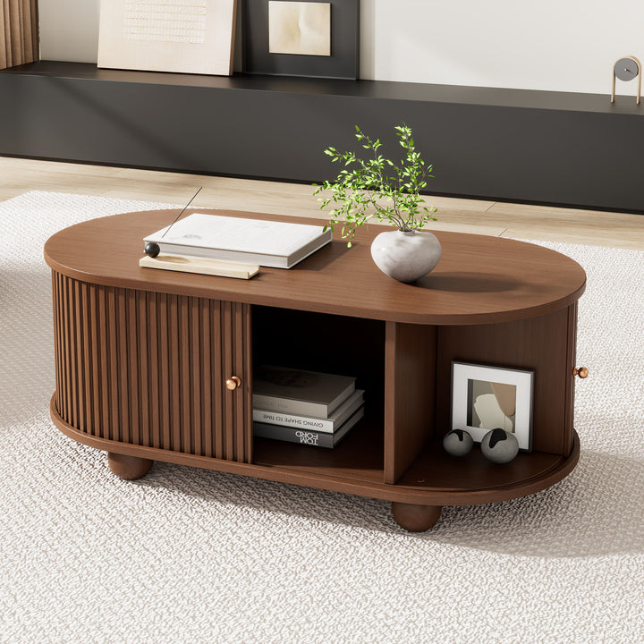 Retro wooden look oval coffee table with 2 sliding storage doors CUNEIFORMWEDGE