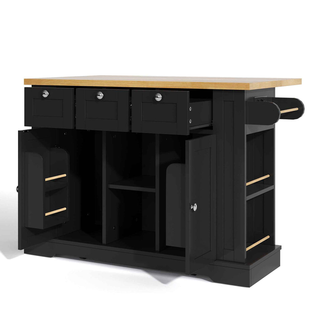 00+Kitchen Island on Wheels 132cm, Foldable Drop Leaf, MDF, Natural+Black, 3 Drawers, Spice Rack, Towel Holder, Charging Station VERTEXKORR