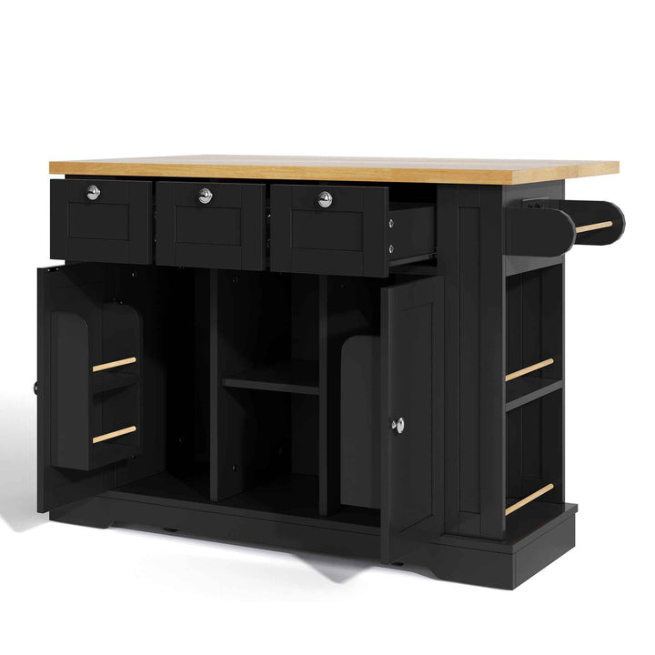 00+Kitchen Island on Wheels 132cm, Foldable Drop Leaf, MDF, Natural+Black, 3 Drawers, Spice Rack, Towel Holder, Charging Station VERTEXKORR