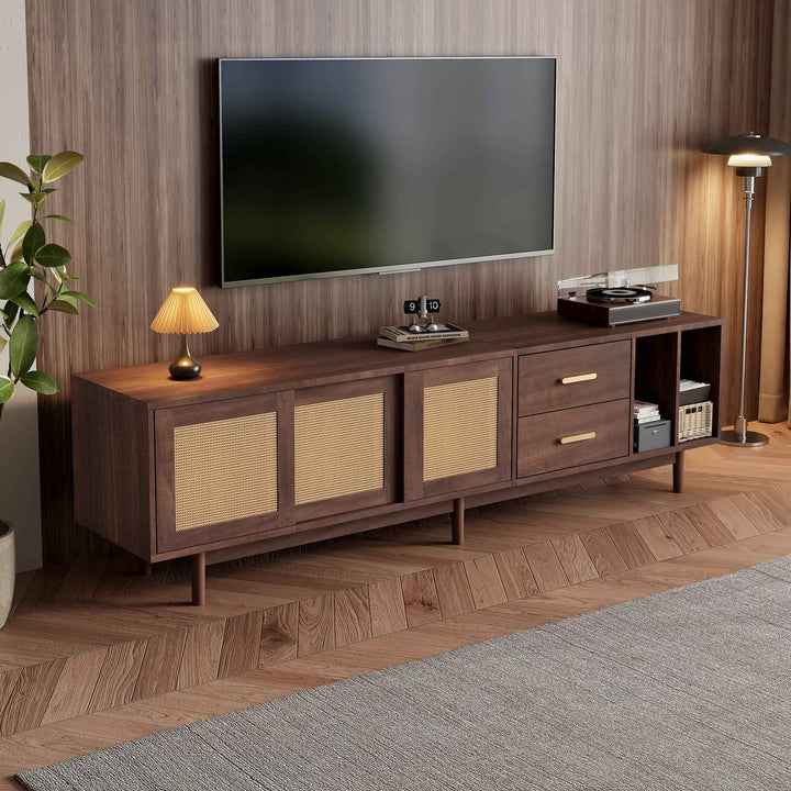 TV stand dark wood vintage look with rattan sliding doors & 2 drawers  INFINITERIF