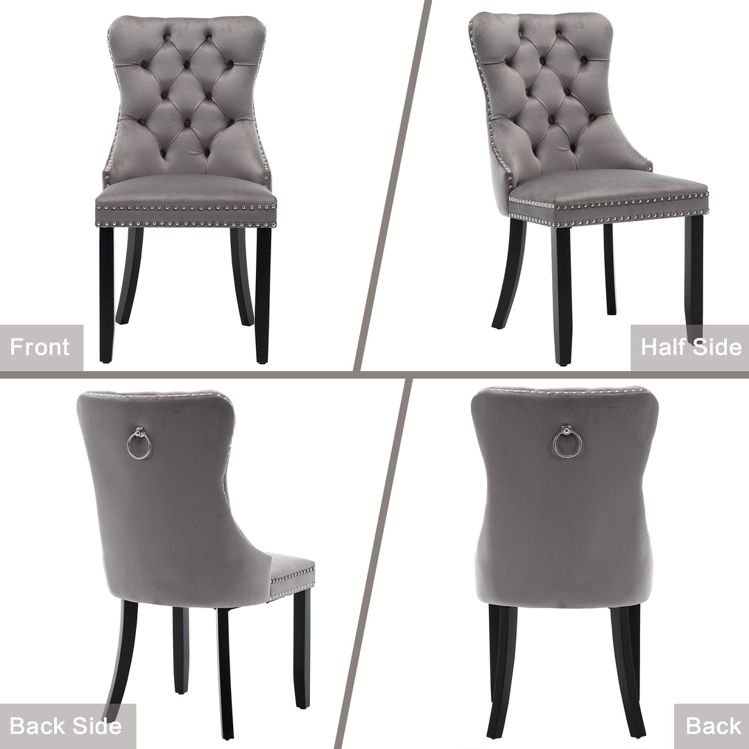 Set of 4 dining chairs velvet grey tufted with solid wood legs, nailheads and back chrome ring NOBLEE