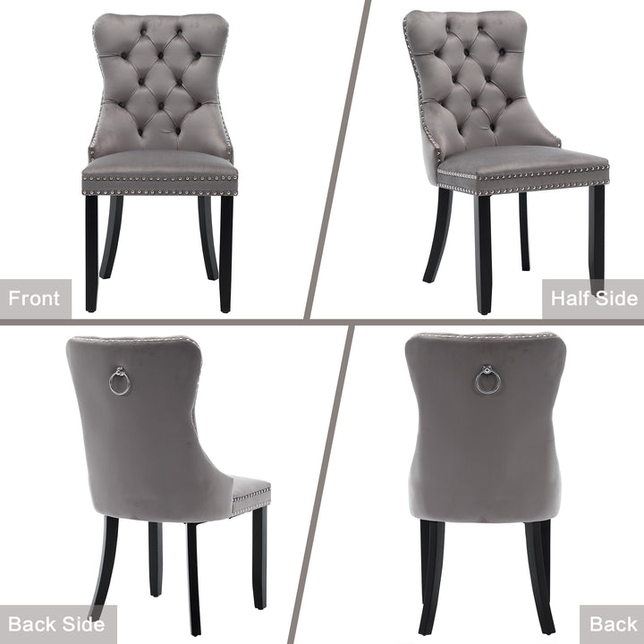 Set of 4 dining chairs velvet grey tufted with solid wood legs, nailheads and back chrome ring NOBLEE