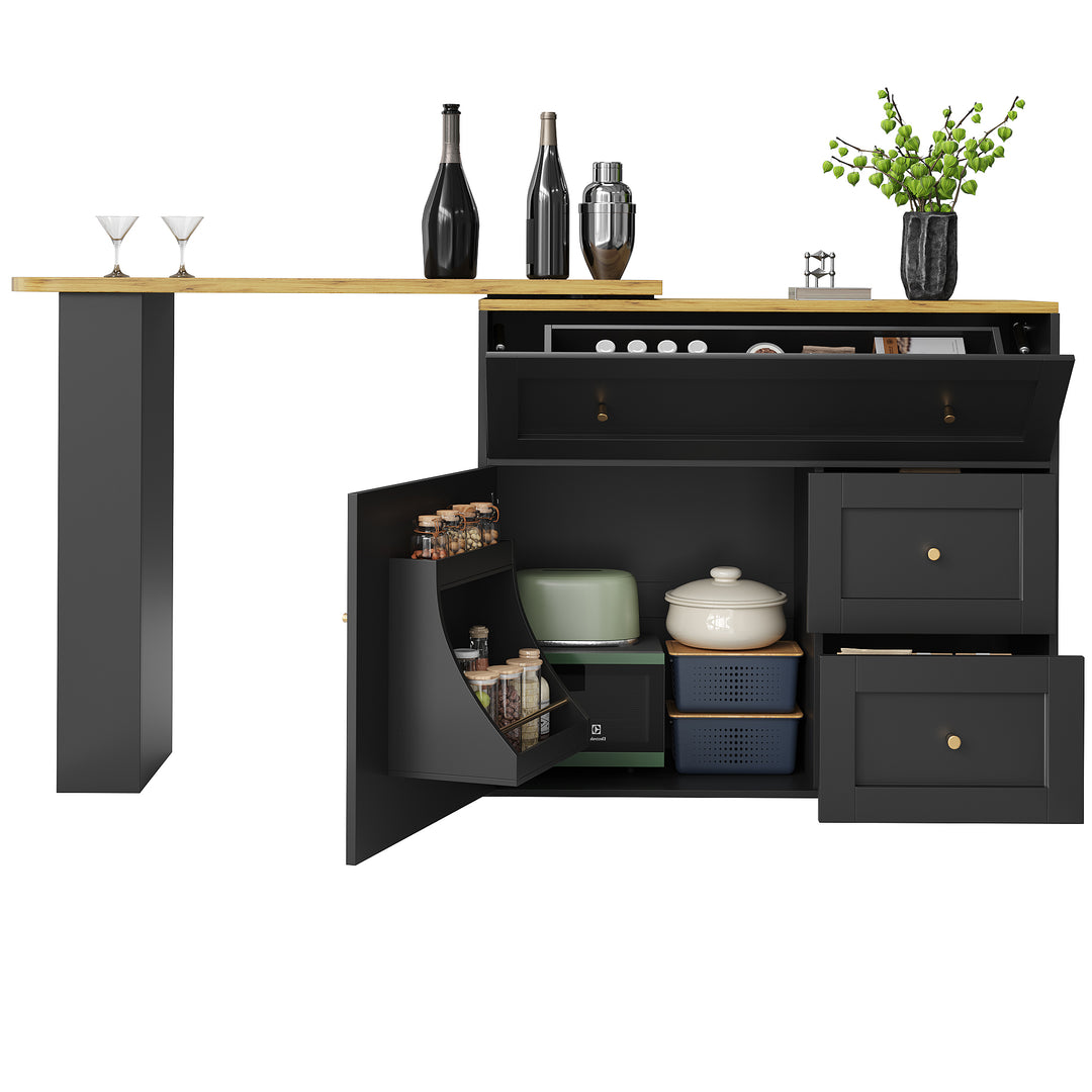 Extendable bar table black with storage kitchen cabinet with snack shelf (138-204×39×105cm) MANGROVEPROP