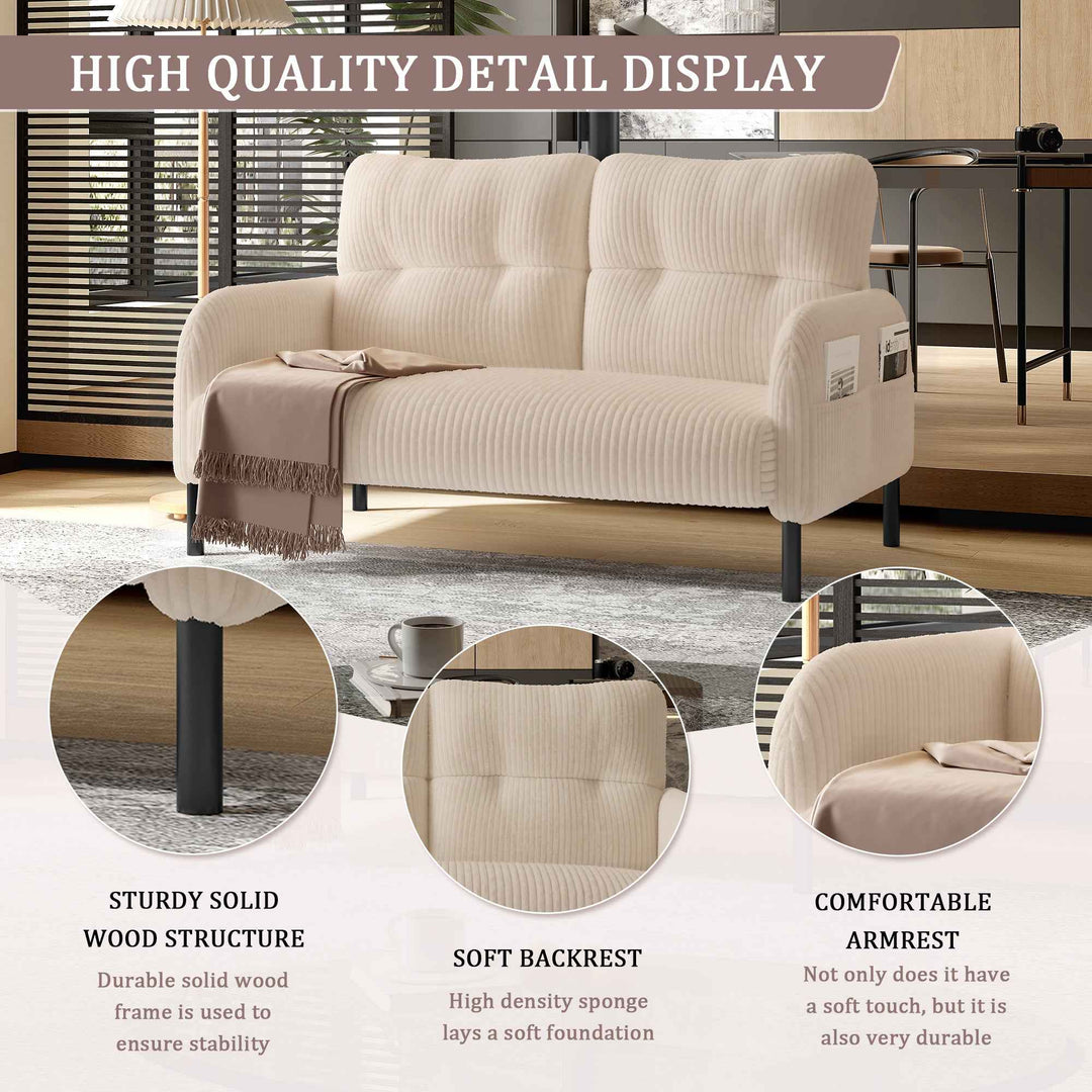 00+Loveseat Sofa Corduroy Fabric Beige 2 Seater, High Rebound Spring, for Living Room & Bedroom NOVAITY