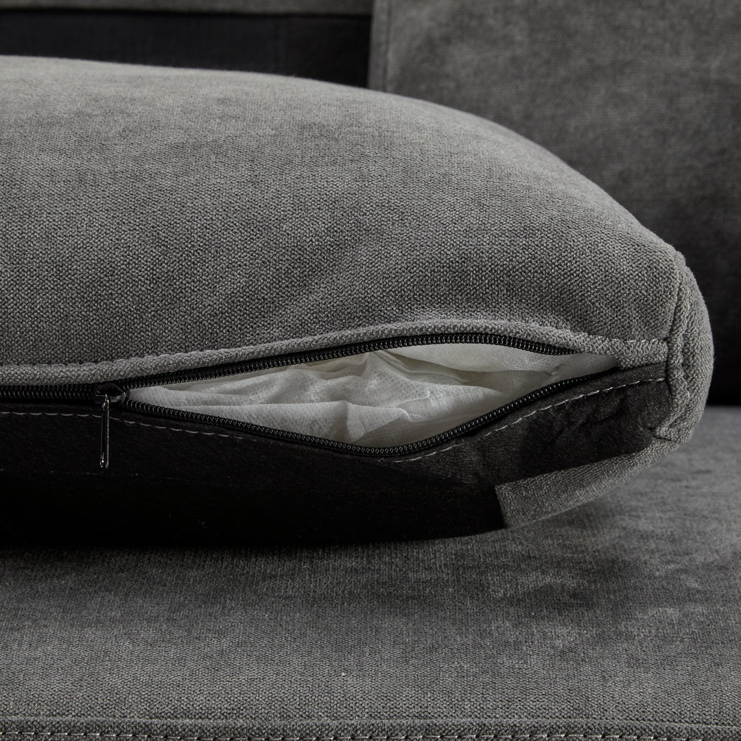 Grey L-shaped corner sofa bed, side shelf with integrated USB and storage VOLATILGAS