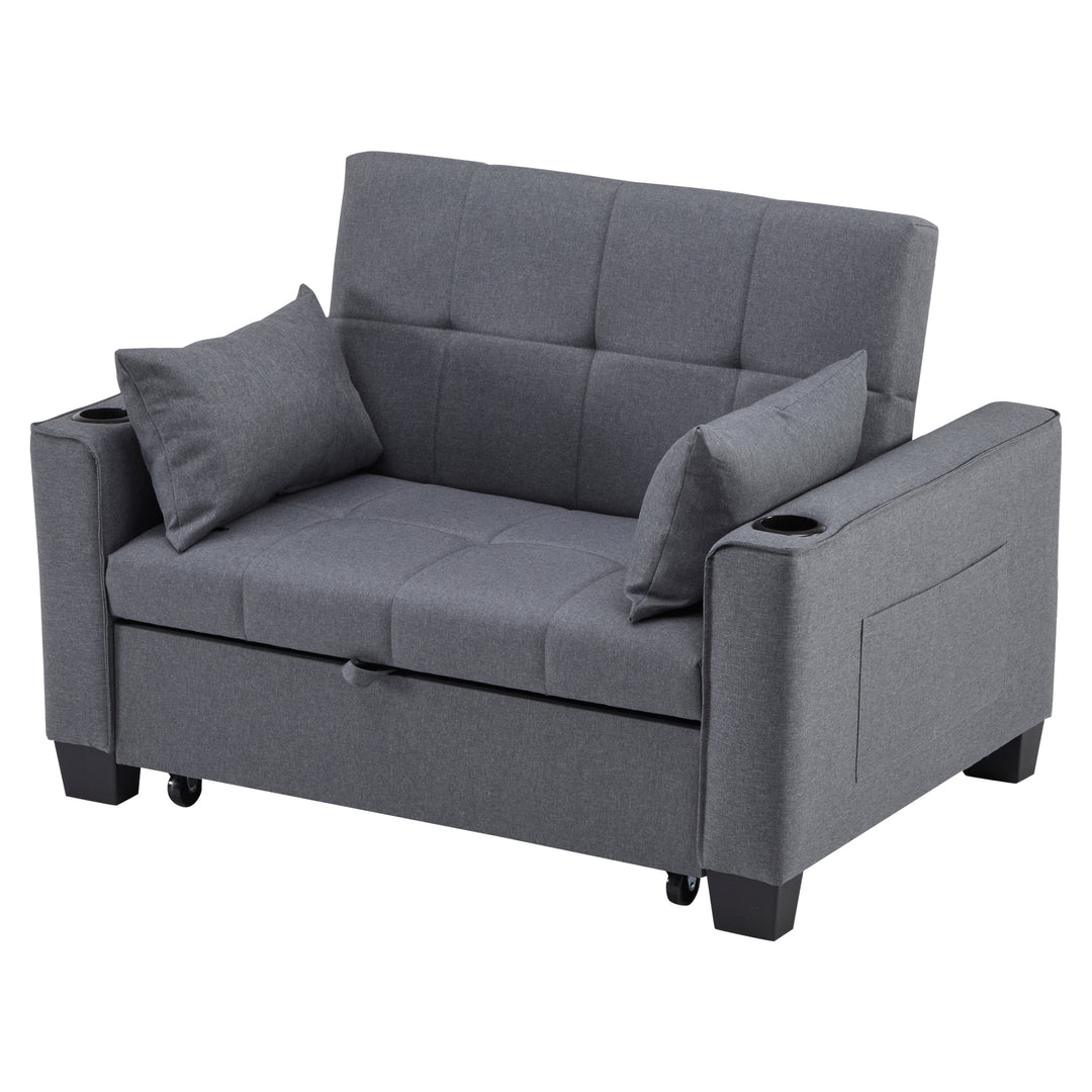 Gray fabric convertible 2-seater sofa bed pull-out design, adjustable backrest, and storage FROSTSTONE