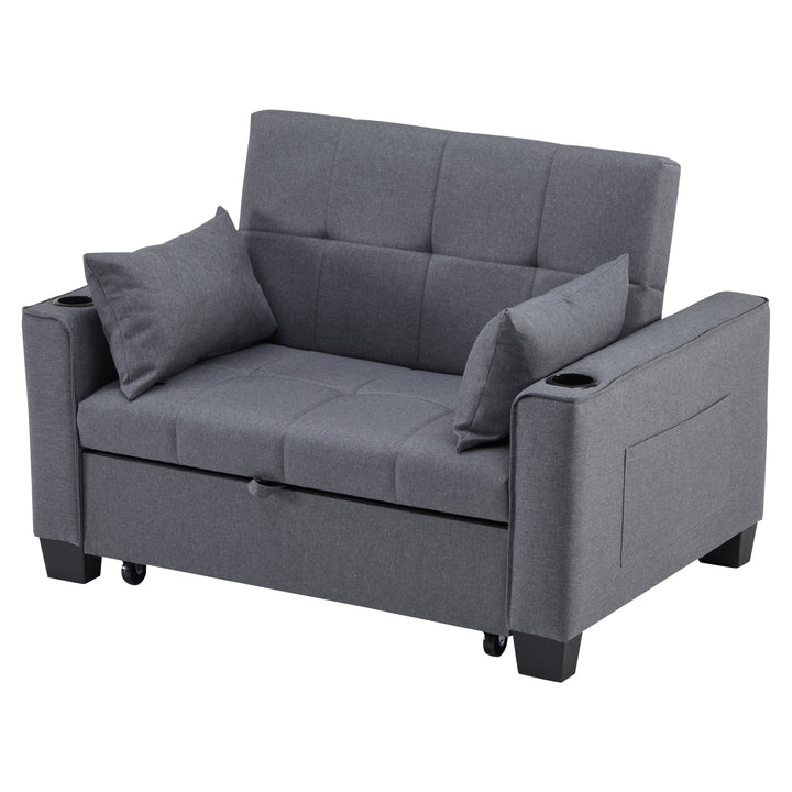 Gray fabric convertible 2-seater sofa bed pull-out design, adjustable backrest, and storage FROSTSTONE