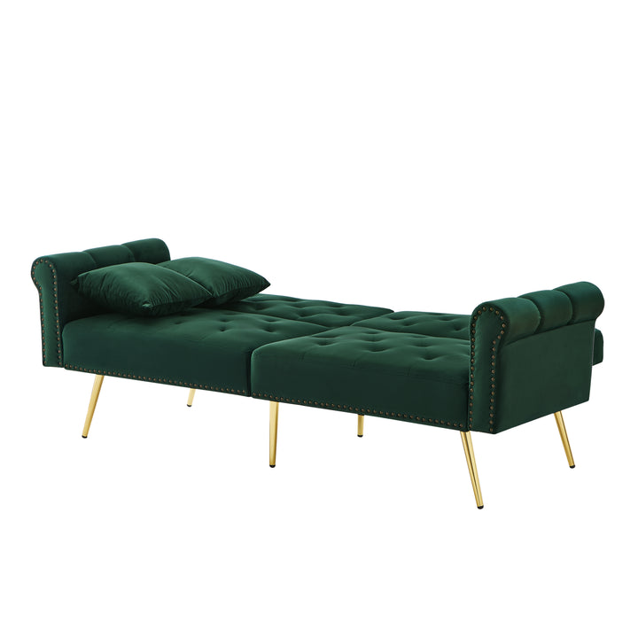 Green velvet 2-seater sofa bed with adjustable backrest and gold legs CAKDERA