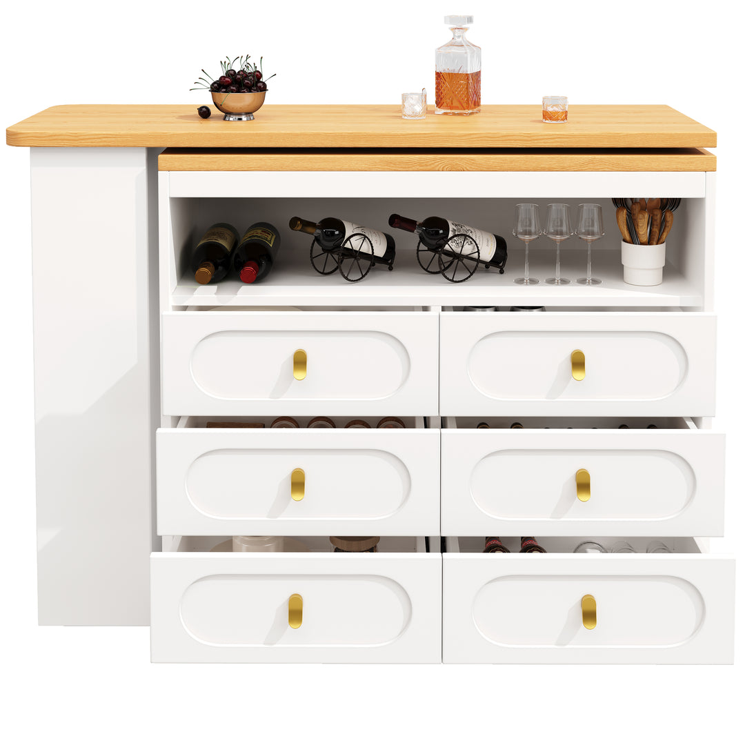 White 360° rotating extendable bar table with 6-drawer storage SYCAMOREBALL