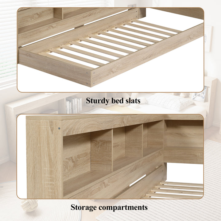 Oak storage single bed with storage shelves, daybed 90x190cm AIRGLOW UK