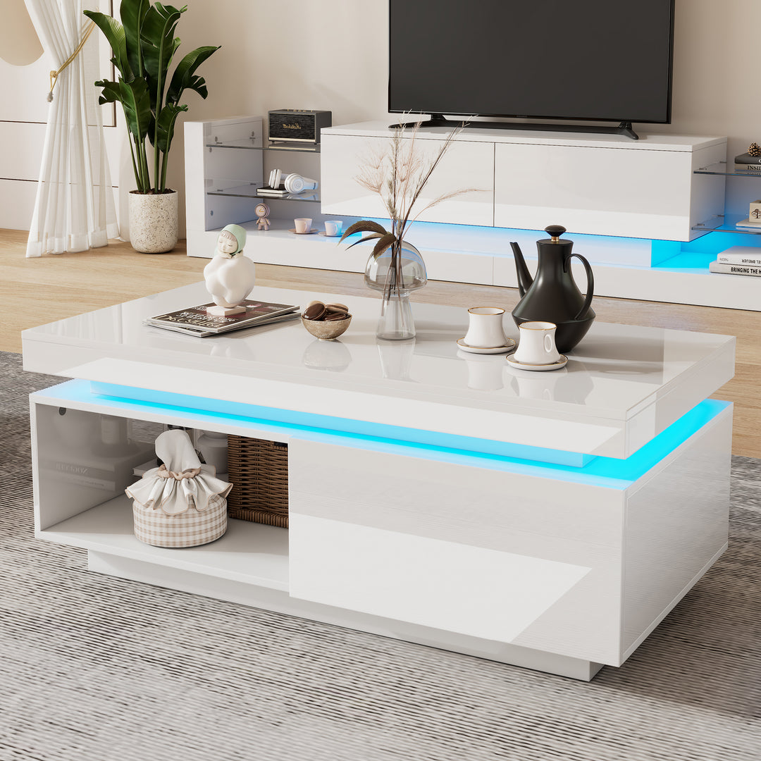 White high gloss coffee table with LED lights and storage 100 x 50 x 40 cm MAGNETOTAIL UK