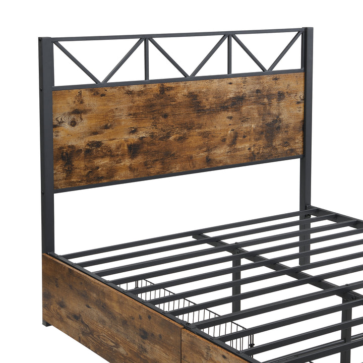 Industrial style double bed frame black wood with 2 storage drawers 135x190cm ELEMENTALIS