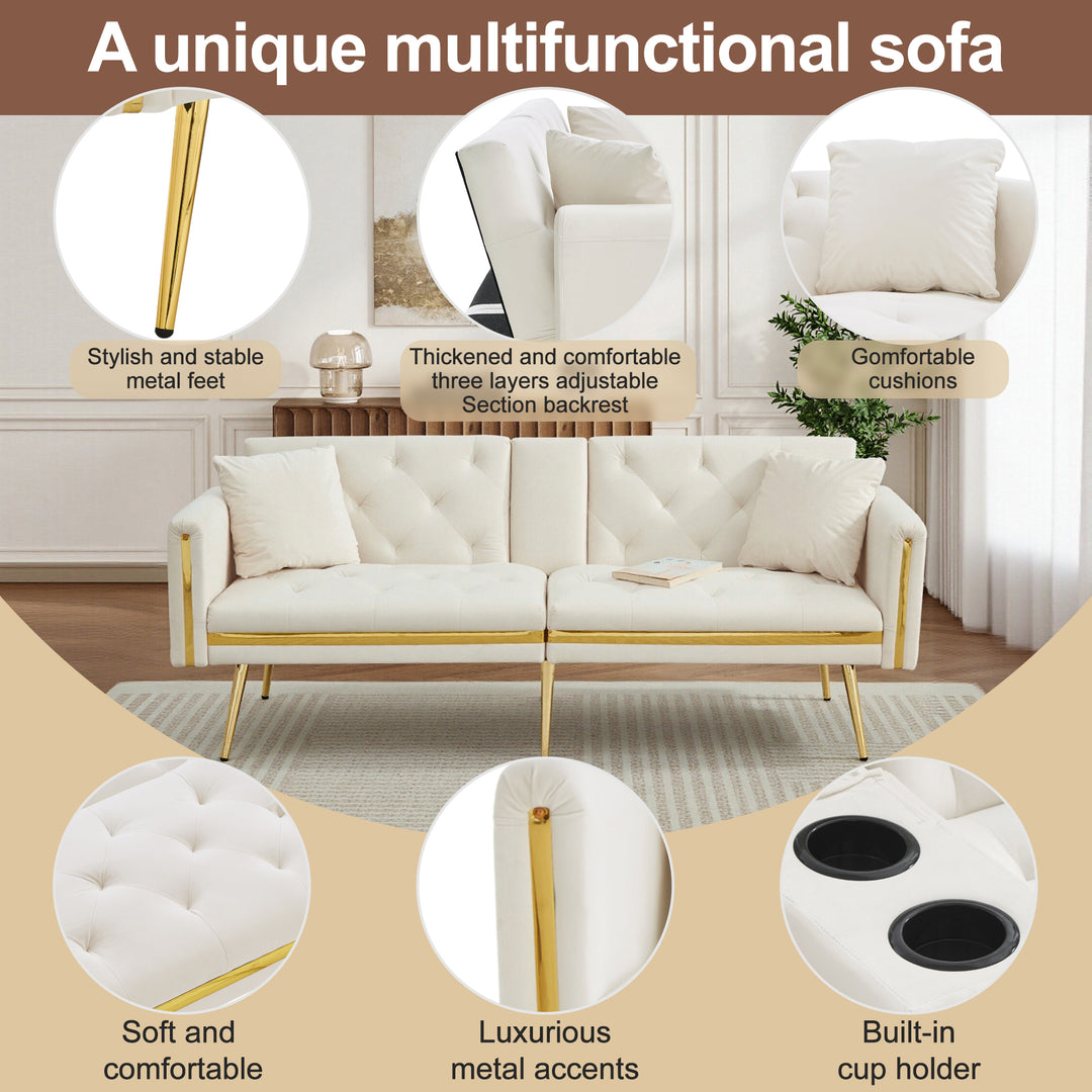 Beige velvet tufted 2-seater sofa bed with gold legs hidden fold-down cup holder COTTONPUFF