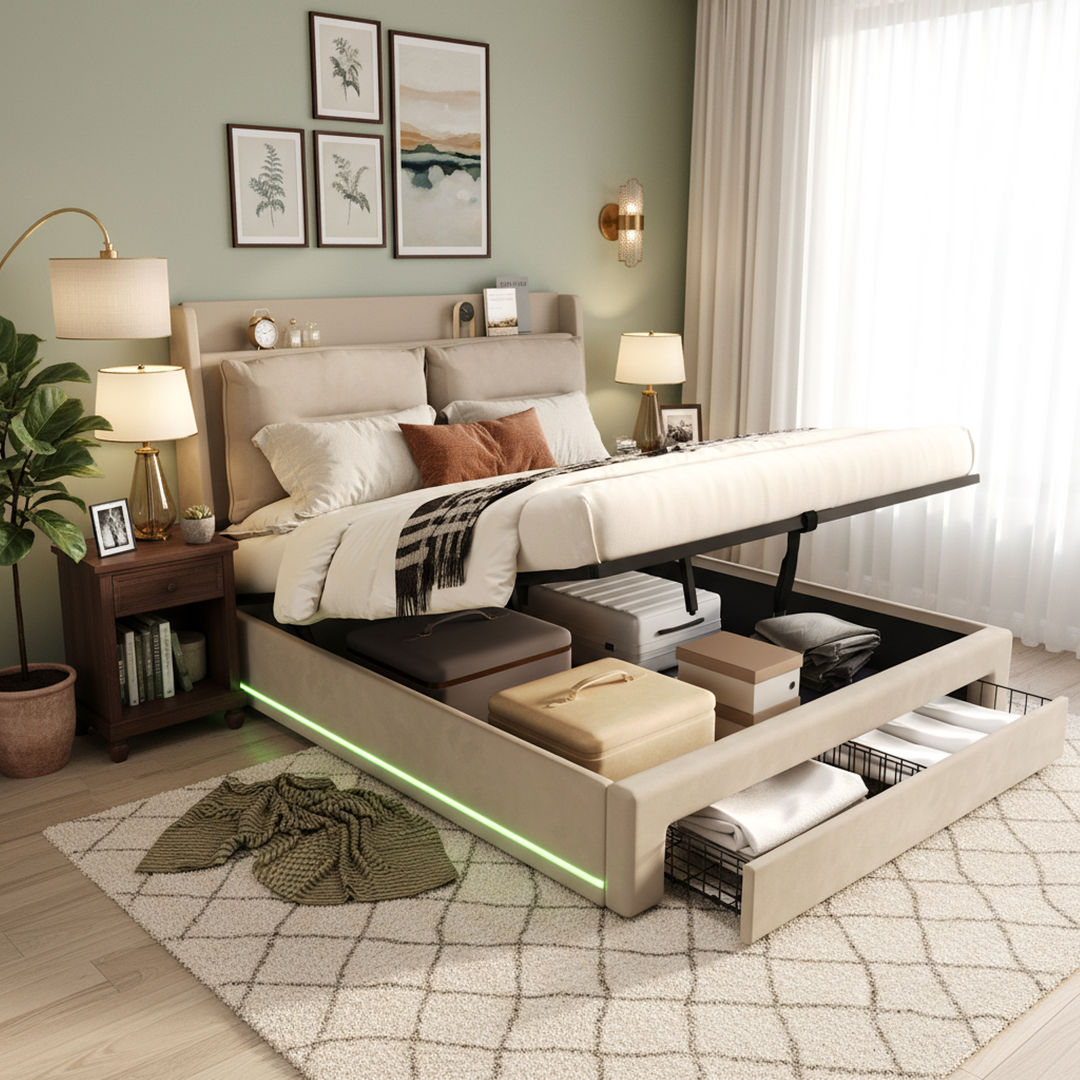 King Size Upholstered Bed 150x200cm Velvet Beige with Hydraulic Storage, LED Lights, Drawers, Slatted Frame