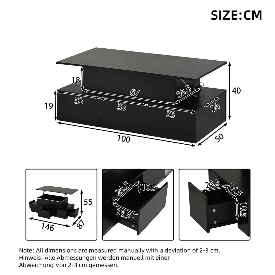 Lift top black high gloss coffee table with 4 drawers and LED lighting INFINITECASCADEE