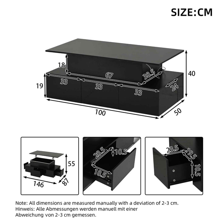Lift top black high gloss coffee table with 4 drawers and LED lighting INFINITECASCADEE