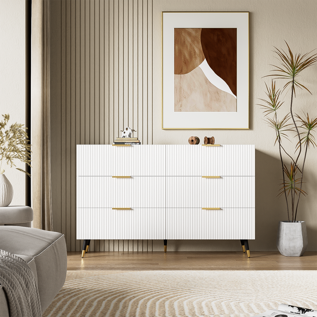 White and gold particle board storage sideboard with 6 drawers FERNGLADE UK