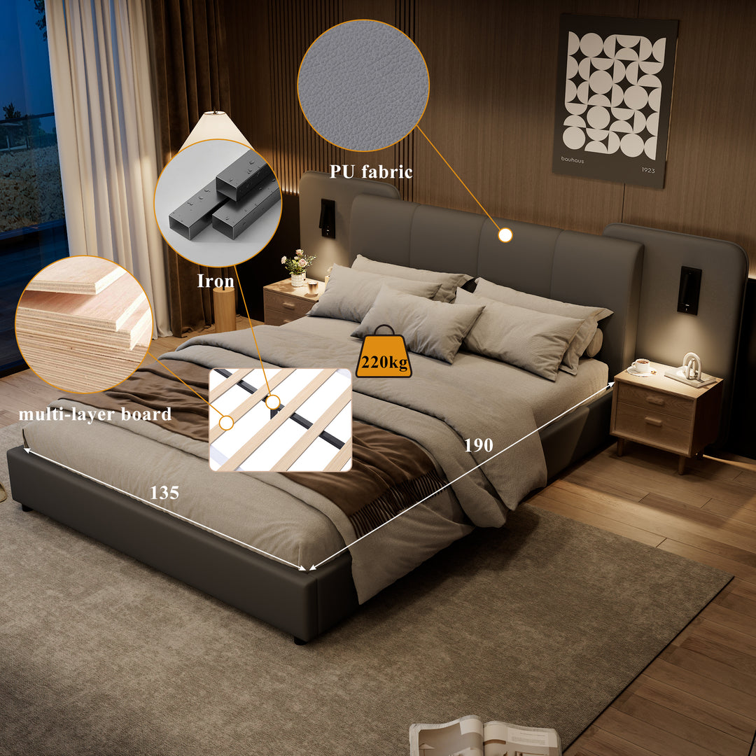 Grey PU upholstered double bed with charging port, 2 bedside lamps 135×190cm PASTUREBEARD
