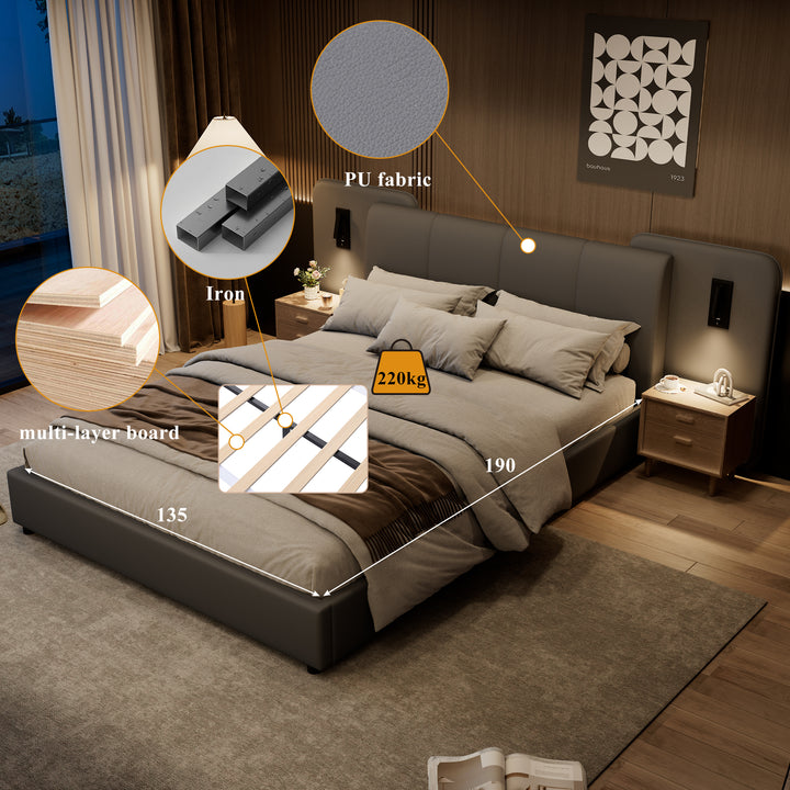 Grey PU upholstered double bed with charging port, 2 bedside lamps 135×190cm PASTUREBEARD