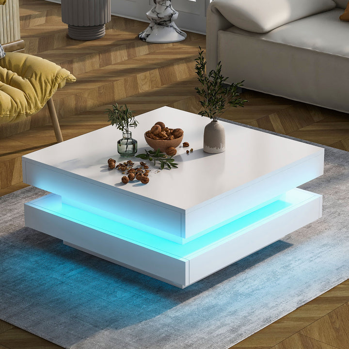White square high gloss coffee table 360° rotating with 16-color LED light 70x70x36cm UHEX UK