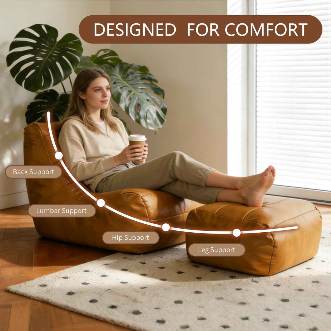 Cozy Tech Fabric Lazy Lounge Sofa Set with Footstool, Brown Faux Leather, Anti-Slip Base, No Assembly, Space-Saving Home Furniture for Living Room or Bedroom