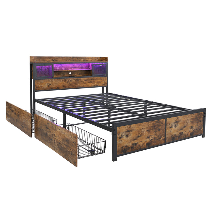 Multifunctional wooden look double bed&nbsp; with LED lighting, 2 drawers & charging ports (135x190cm) ELATERSPRING