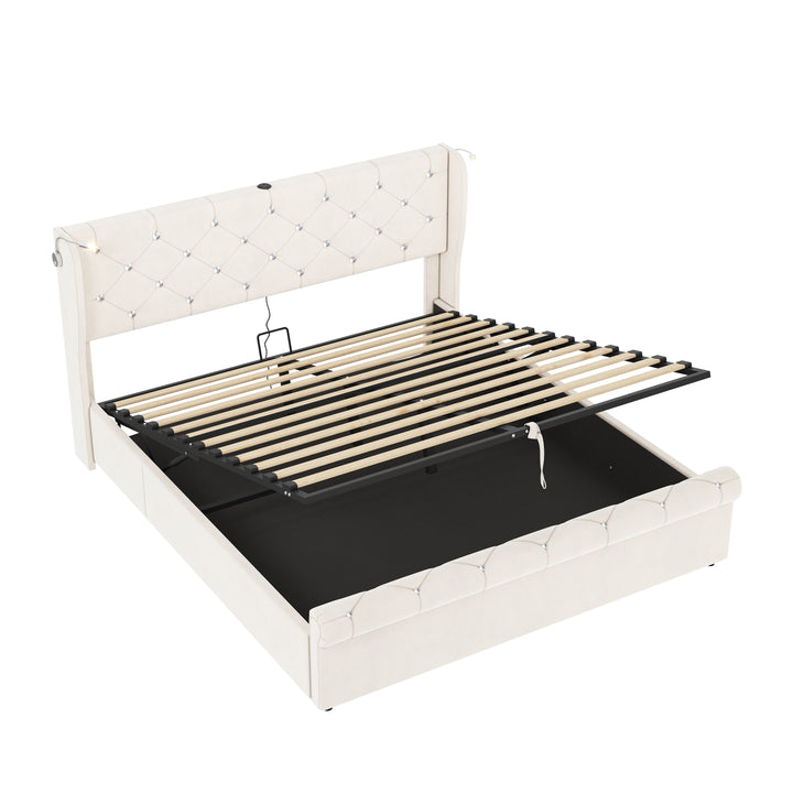 Velvet beige king size ottoman bed end opening with USB reading light 150x200cm PINNACLEION