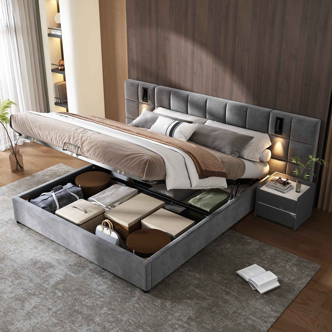 Super king size upholstered ottoman bed 6ft velvet grey with USB charging & lamp, wide headboard no mattress or bedside tables