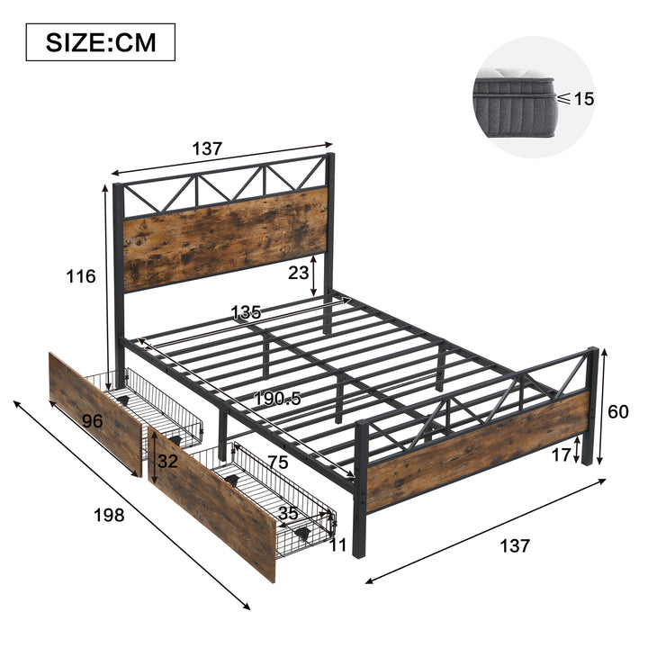 Industrial style double bed frame black wood with 2 storage drawers 135x190cm ELEMENTALIS