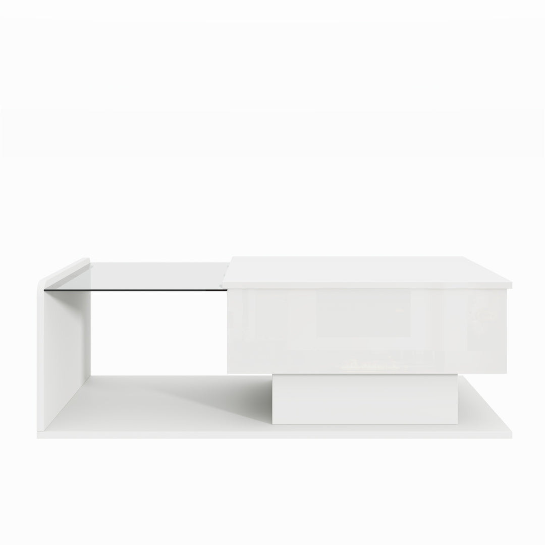 White high-gloss rectangular coffee table and LED lighting with glass top LUNG