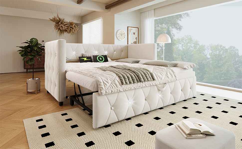 Daybed Single Upholstered Bed with USB & Type C Charging, 3FT Velvet Sofa Bed with Pull-Out Trundle, Beige, 90x190cm, Space-Saving for Living Room & Bedroom