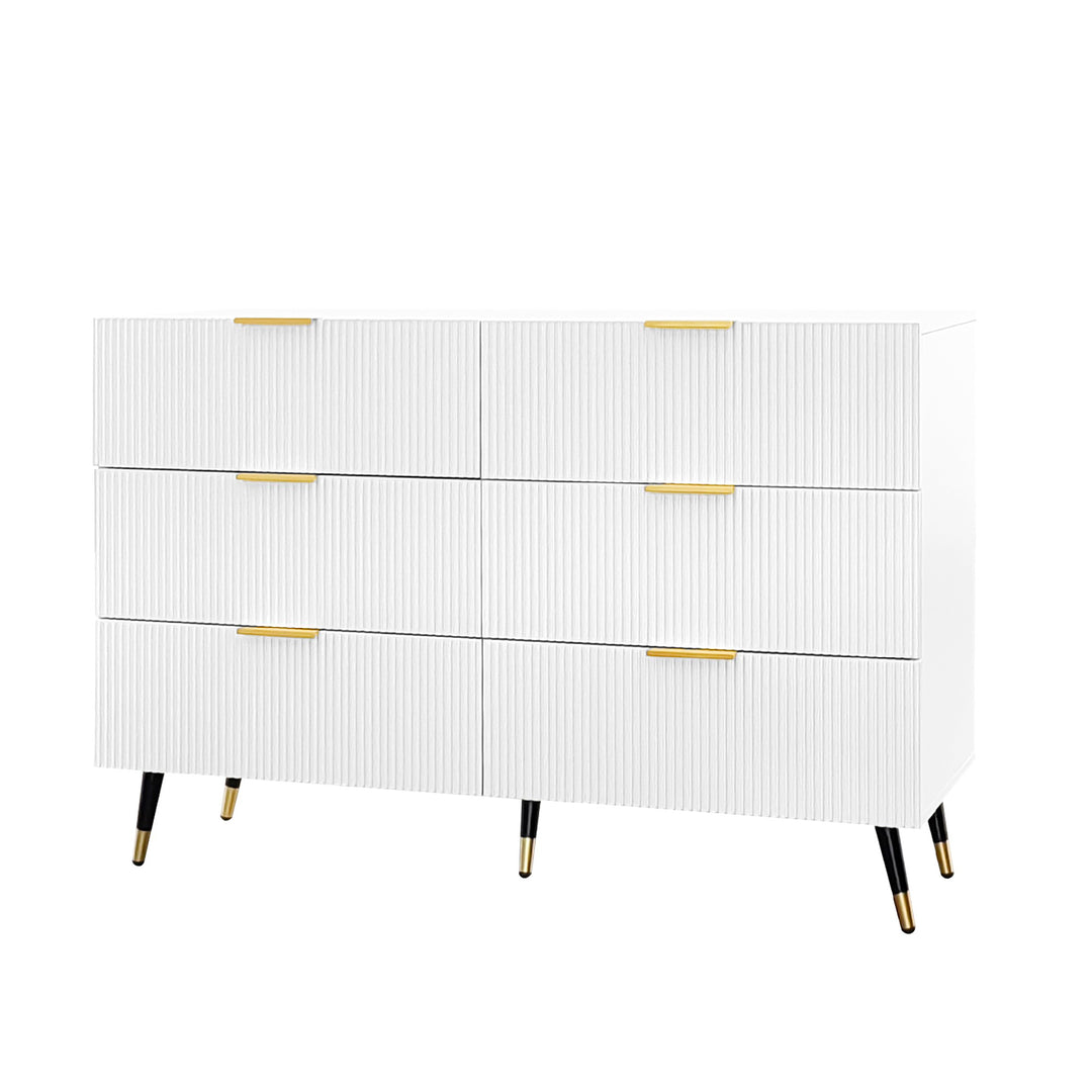 White and gold particle board storage sideboard with 6 drawers FERNGLADE UK