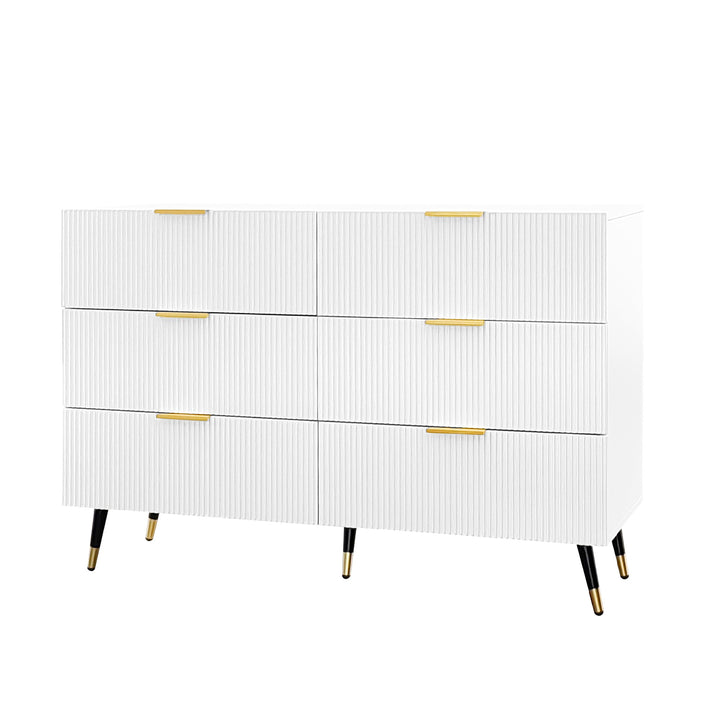 White and gold particle board storage sideboard with 6 drawers FERNGLADE UK