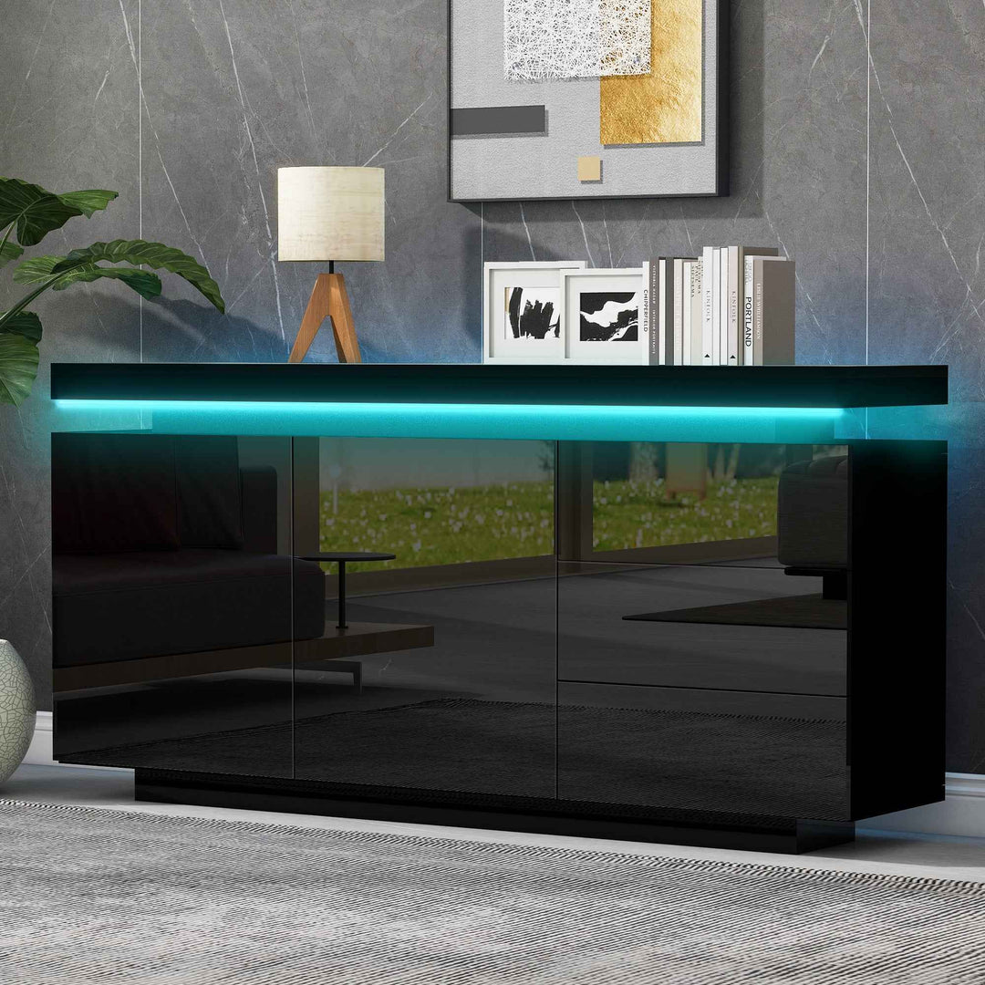 Black high gloss sideboard with LED lights with 2 doors & 3 drawers INFINITECLARITYY