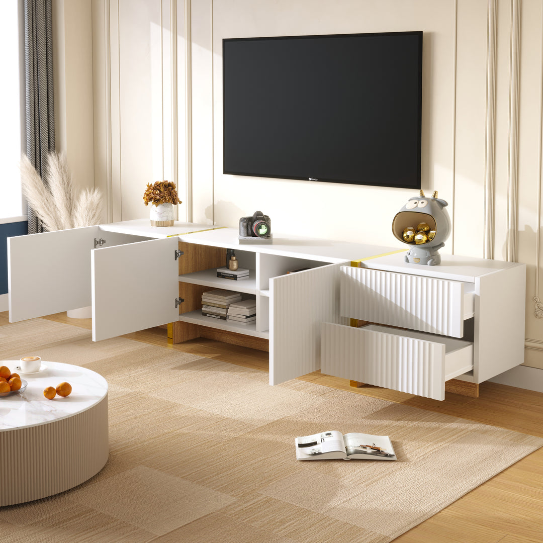 White fluted TV cabinet 3 doors, 2 drawers 190cm gloden accent CONNECTIV