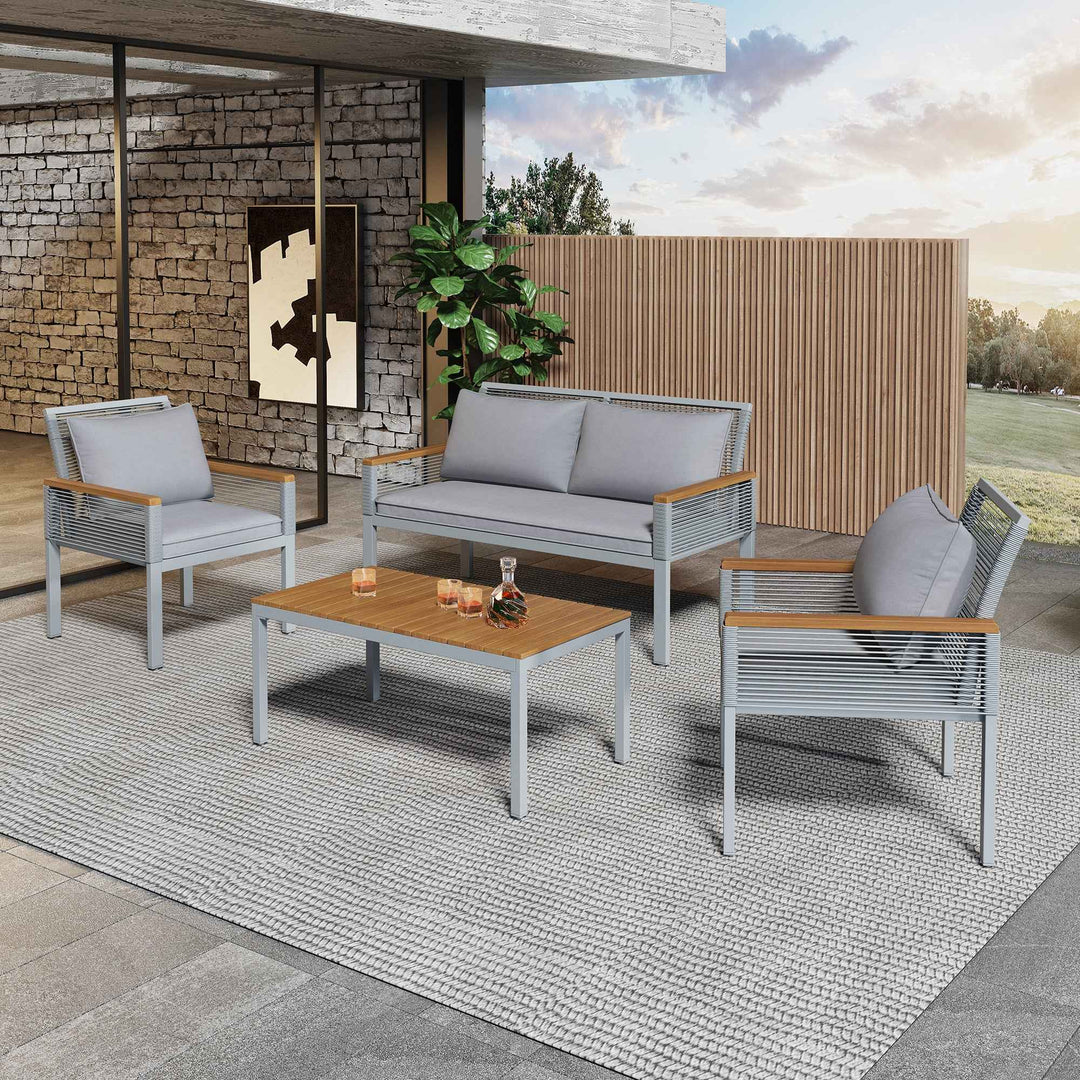 Garden lounge set 4-piece wooden look grey rattan with coffee table INFINITECLAR