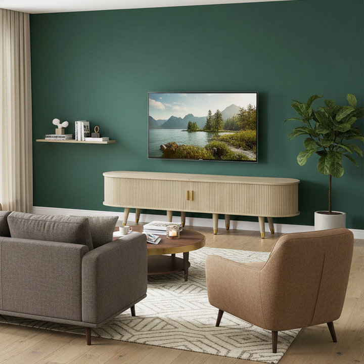 Light oak textured TV stand with 2 sliding doors and 2 drawers NANOFIB