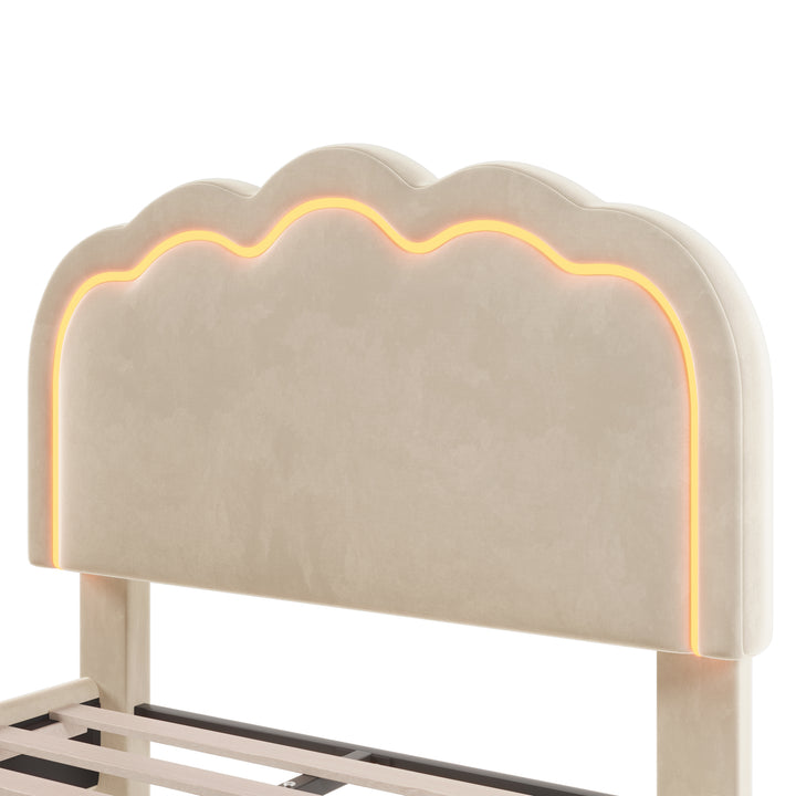 Beige velvet upholstered divan bed frame with LED, headboard height adjustable INDROX BEIGE UK