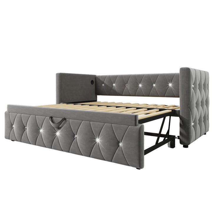 Grey velvet single upholstered guest day bed diamond design with trundle, USB charging STEKZEL GREY UK