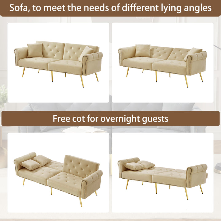 Modern upholstery velvet beige 2-seater sofa bed, adjustable backrest & gold-plated metal feet EUKARYOT